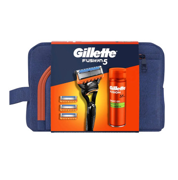 Набір Gillette Fusion 5 Бритва 4 касети+Гель для гоління 5 Для чутливої шкіри 200мл+Косметичка