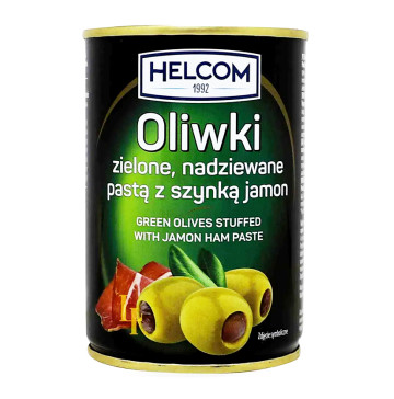 Оливки Helcom зелені фаршировані пастою з хамоном з/б 280г