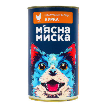 Корм консервований повнораціонний для дорослих собак Курка Шматочки в соусі М'ясна Миска з/б 1.24кг