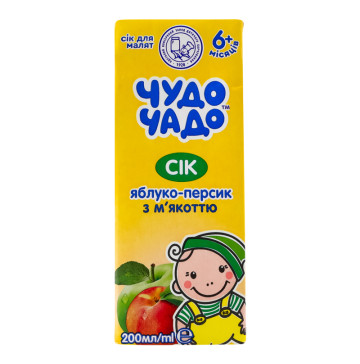 Сік для дітей від 6міс з м'якоттю та цукром стерилізований Яблуко-персик Кудесник Чудо-Чадо т/п 200мл