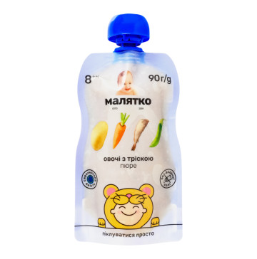 Пюре овочево-рибне для дітей від 8міс гомогенізоване стерилізоване Овочі з тріскою Малятко д/п 90г Пюре овочево-рибне для дітей від 8міс гомогенізоване стерилізоване Овочі з тріскою Малятко д/п 90г