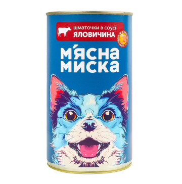 Корм консервований повнораціонний для дорослих собак Шматочки в соусі з яловичиною та овочами М'ясна Миска з/б 1.24кг