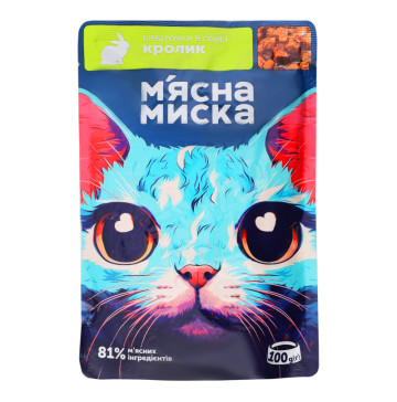 Корм консервований повнораціонний для дорослих котів Шматочки в соусі з кроликом М'ясна Миска д/п 100г