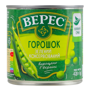 Горошок зелений мозкових сортів консервований Верес з/б 420г