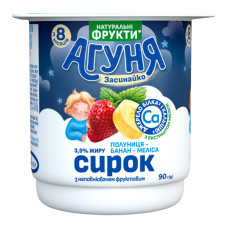 Сирок 3.9% для дітей від 8міс з наповнювачем фруктовим Полуниця-банан-меліса Агуня ст 90г