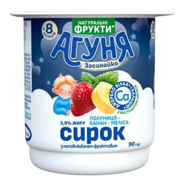 Сирок 3.9% для дітей від 8міс з наповнювачем фруктовим Полуниця-банан-меліса Агуня ст 90г