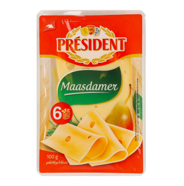 Сир 45% твердий скибками Маасдамер President лоток 100г