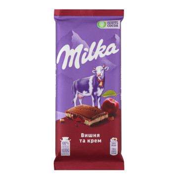 Шоколад молочний Вишня та Крем Milka м/у 90г