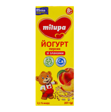 Йогурт 2.1% для дітей від 8міс з біфідобактеріями з наповнювачем Персик-злаки Milupa т/п 207г Йогурт 2.1% для дітей від 8міс з біфідобактеріями з наповнювачем Персик-злаки Milupa т/п 207г