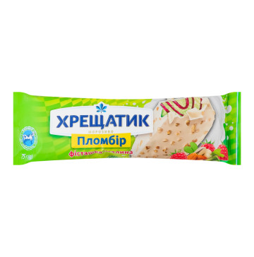 Морозиво пломбір в кондитерській глазурі Фісташка-малина Хрещатик м/у 75г