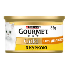 Корм консервований повнораціонний для дорослих котів з куркою Соус де-люкс Gold Gourmet з/б 85г