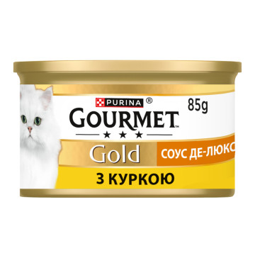 Корм консервований повнораціонний для дорослих котів з куркою Соус де-люкс Gold Gourmet з/б 85г