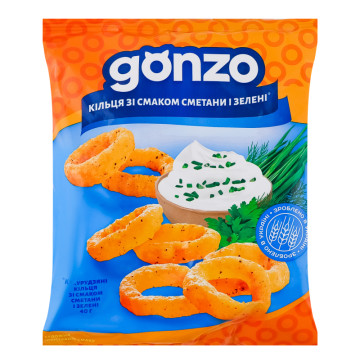 Кільця кукурудзяні зі смаком сметани і зелені Gonzo м/у 40г Кільця кукурудзяні зі смаком сметани і зелені Gonzo м/у 40г