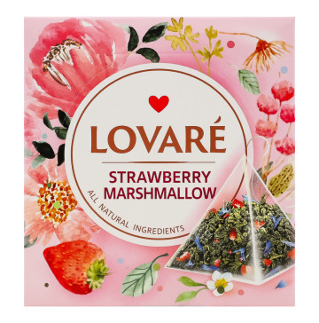 Чай зелений листовий байховий з ягодами пелюстками квітів та ароматом суниці Полуничний зефір Lovare к/у 15х2г