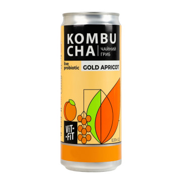 Напій бродіння фільтрований непастеризований з цукром Gold apricot Kombucha Vit-Fit з/б 0.33л