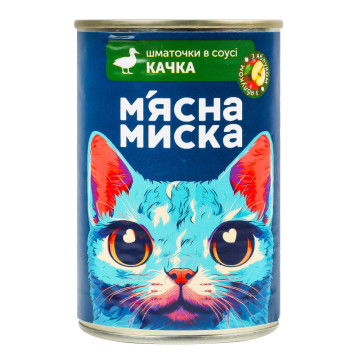 Корм консервований повнораціонний для дорослих котів Шматочки в соусі з качкою та яблуком М'ясна Миска з/б 415г