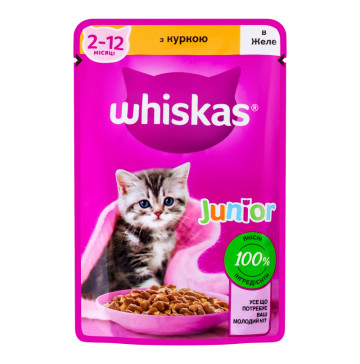 Корм консервований повнораціонний для кошенят З куркою в желе Junior Whiskas д/п 85г