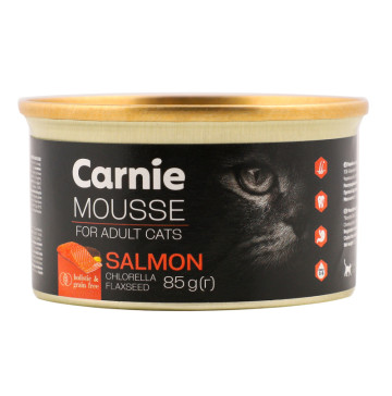 Корм д/дорослих котів Мус з лососем насінням льону хлорелою та желе 85г ж/б Carnie