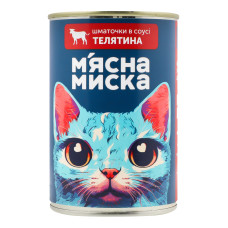 Корм консервований повнораціонний для дорослих котів Телятина Шматочки в соусі М'ясна Миска з/б 415г