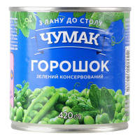 Горошок зелений консервований стерилізований Чумак в/с з/б 420г