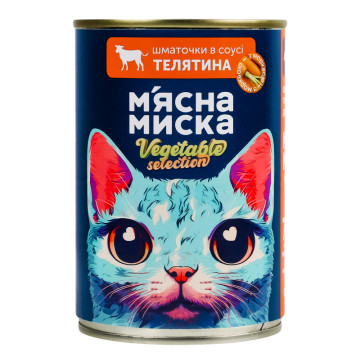 Корм консервований повнораціонний для дорослих котів Шматочки в соусі з телятиною та морквою М'ясна Миска з/б 415г Корм консервований повнораціонний для дорослих котів Шматочки в соусі з телятиною та морквою М'ясна Миска з/б 415г