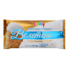 Морозиво 15% пломбір у вафельному стакані Велетень Laska м/у 85г Морозиво 15% пломбір у вафельному стакані Велетень Laska м/у 85г