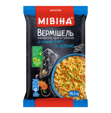 Вермішель швидкого приготування зі смаком сиру та зеленню негостра Мівіна м/у 59.2г