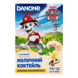 Коктейль молочний 2.5% стерилізований Вершково-ванільний Paw Patrol Danone т/п 212г