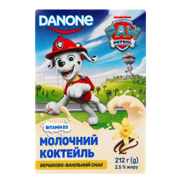 Коктейль молочний 2.5% стерилізований Вершково-ванільний Paw Patrol Danone т/п 212г