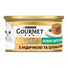 Корм консервований повнораціонний для дорослих котів з індичкою та шпинатом Ніжні биточки Gold Gourmet з/б 85г Корм консервований повнораціонний для дорослих котів з індичкою та шпинатом Ніжні биточки Gold Gourmet з/б 85г