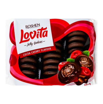 Печиво здобне з желейною начинкою Cocoa-cherry Lovita Jelly Cookies Roshen м/у 420г