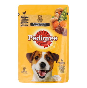 Корм консервований повнораціонний для дорослих собак З куркою в соусі Pedigree д/п 100г