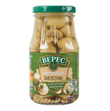Шампіньйони мариновані стерилізовані Закусочні Верес с/б 260г Шампіньйони мариновані стерилізовані Закусочні Верес с/б 260г