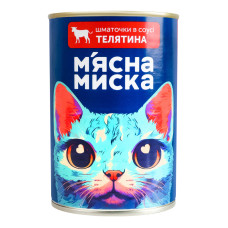 Корм консервований повнораціонний для дорослих котів Телятина Шматочки в соусі М'ясна Миска з/б 415г
