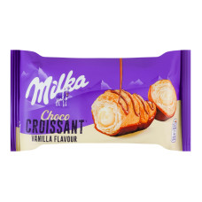 Круасан знизу глазурований та згори декорований молочним шоколадом з начинкою зі смаком ванілі Milka м/у 50г
