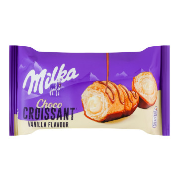 Круасан знизу глазурований та згори декорований молочним шоколадом з начинкою зі смаком ванілі Milka м/у 50г