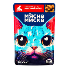 Корм консервований повнораціонний для дорослих котів М'ясний мікс Шматочки в соусі М'ясна Миска д/п 100г