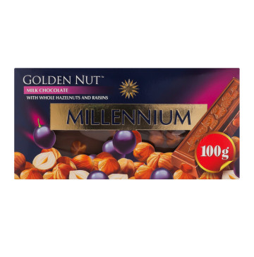 Шоколад молочний з цілими лісовими горіхами та родзинками Golden nut Millennium к/у 100г