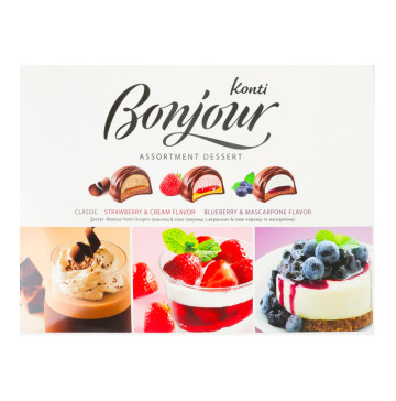 Десерт Класика&Смак полуниці з вершками&Смак чорниці та маскарпоне Асорті Bonjour к/у 348г