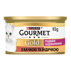 Корм консервований повнораціонний для дорослих котів з качкою та індичкою Подвійне задоволення Gold Gourmet з/б 85г