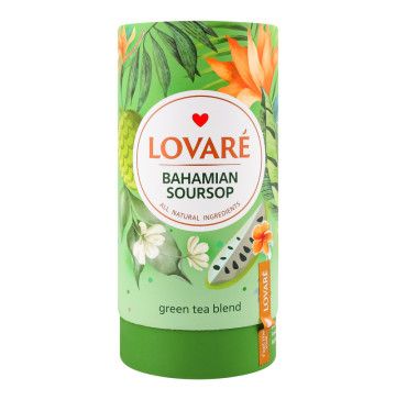 Чай зелений листовий зі шматочками фруктів пелюстками квітів та ароматом саусепу Багамський саусеп Lovare тубус 80г