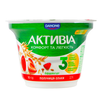 Біфідойогурт 2.2% з біфідобактеріями Actiregularis з наповнювачем Полуниця-злаки Активіа ст 180г Біфідойогурт 2.2% з біфідобактеріями Actiregularis з наповнювачем Полуниця-злаки Активіа ст 180г