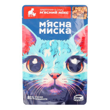 Корм консервований повнораціонний для дорослих котів шматочки в соусі М'ясний мікс М'ясна Миска д/п 100г