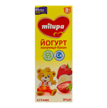 Йогурт 2.1% для дітей від 8міс Полуниця-банан Milupa т/п 207г