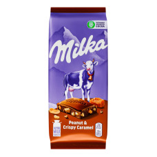 Шоколад молочный с рисовыми шариками и хлопьями Peanut&Crispy Caramel Milka м/у 90г
