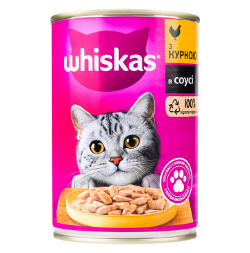 Корм консервований повнораціонний для дорослих котів З куркою в соусі Whiskas з/б 400г