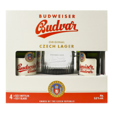 Набір Пиво 4х0.5л 5% світле фільтроване пастеризоване + келих 0.5л Budweiser Budvar к/у 1шт