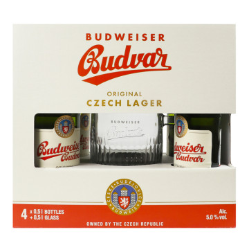 Набір Пиво 4х0.5л 5% світле фільтроване пастеризоване + келих 0.5л Budweiser Budvar к/у 1шт