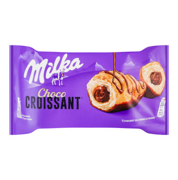 Круасан знизу глазурований та згори декорований молочним шоколадом з начинкою з молочним шоколадом Milka м/у 50г