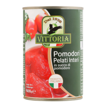Помідори цілі в томатному соці без шкірки Vittoria з/б 400г